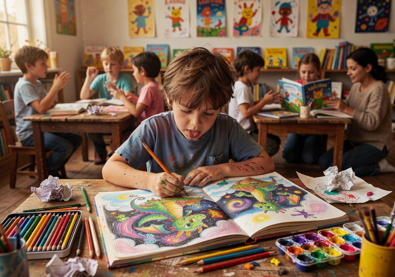 Child illustrating their original storybook during the storytelling workshop