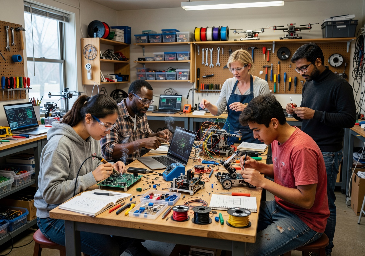 Group of makers collaborating on a robotics challenge at FunTinkerRipple