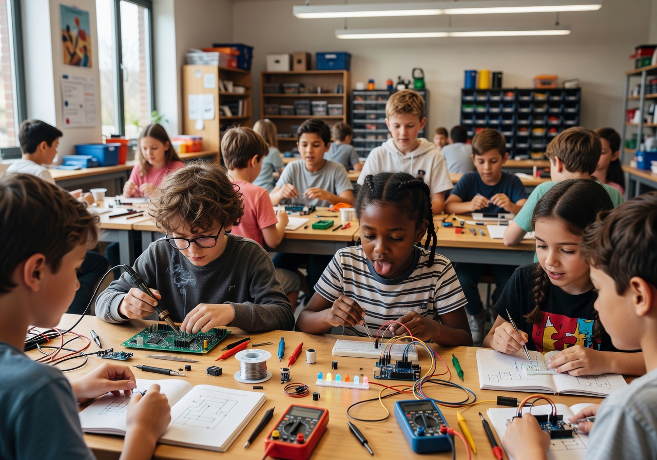 Kids working with electronics and circuits in tinkering lab session