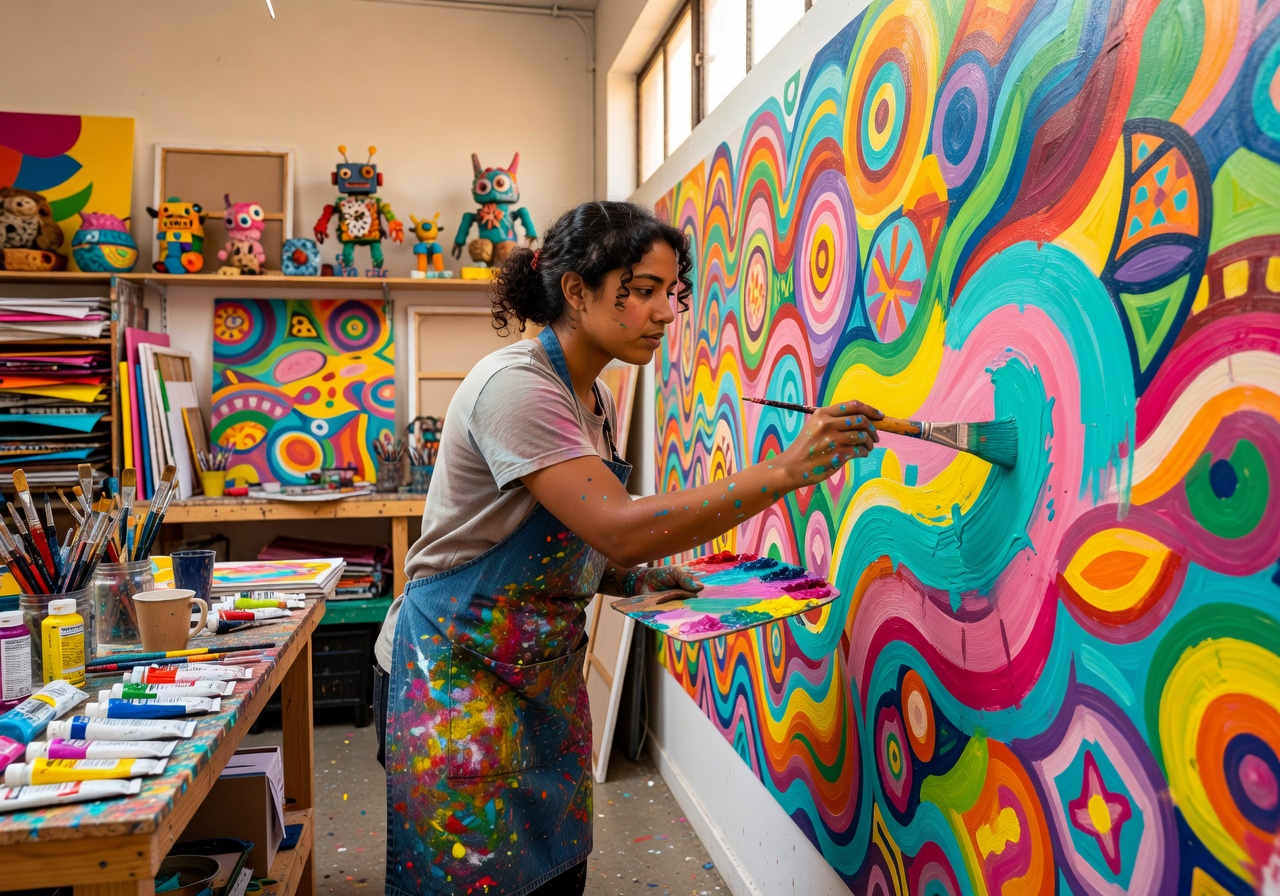 Student painting a colorful mural in FunTinkerRipple creative studio