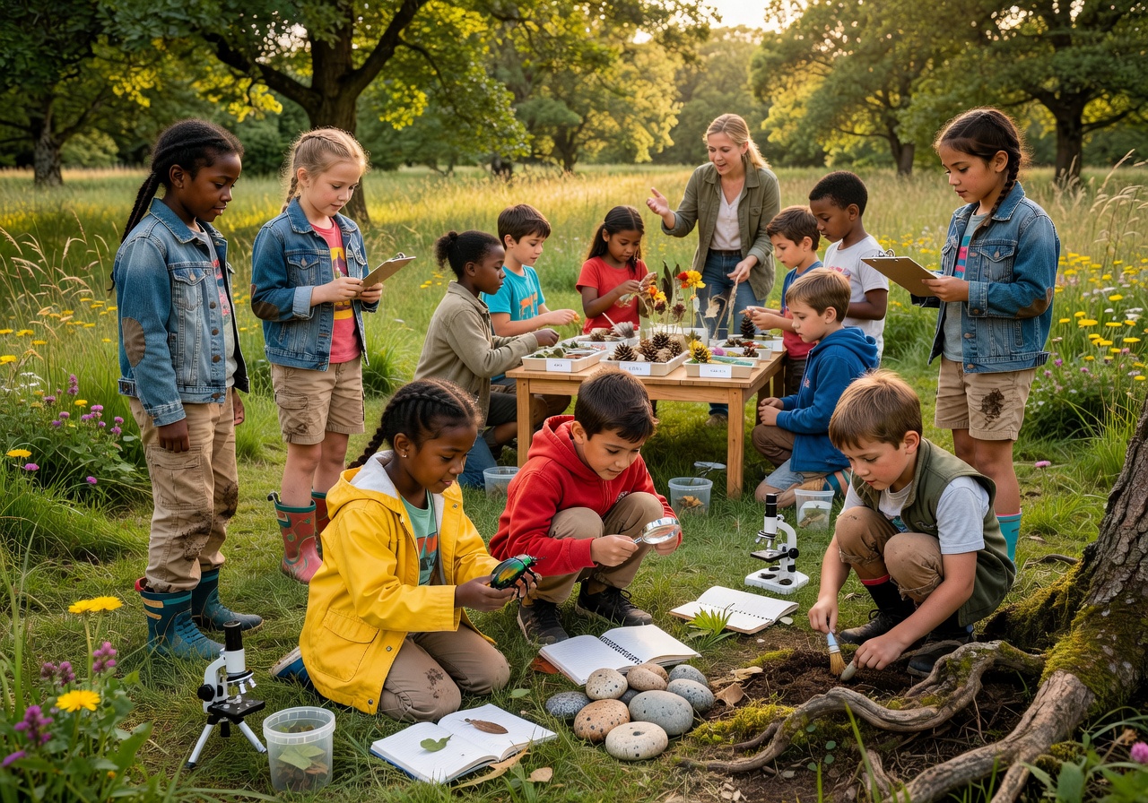 Young participants exploring nature specimens during science discovery workshop